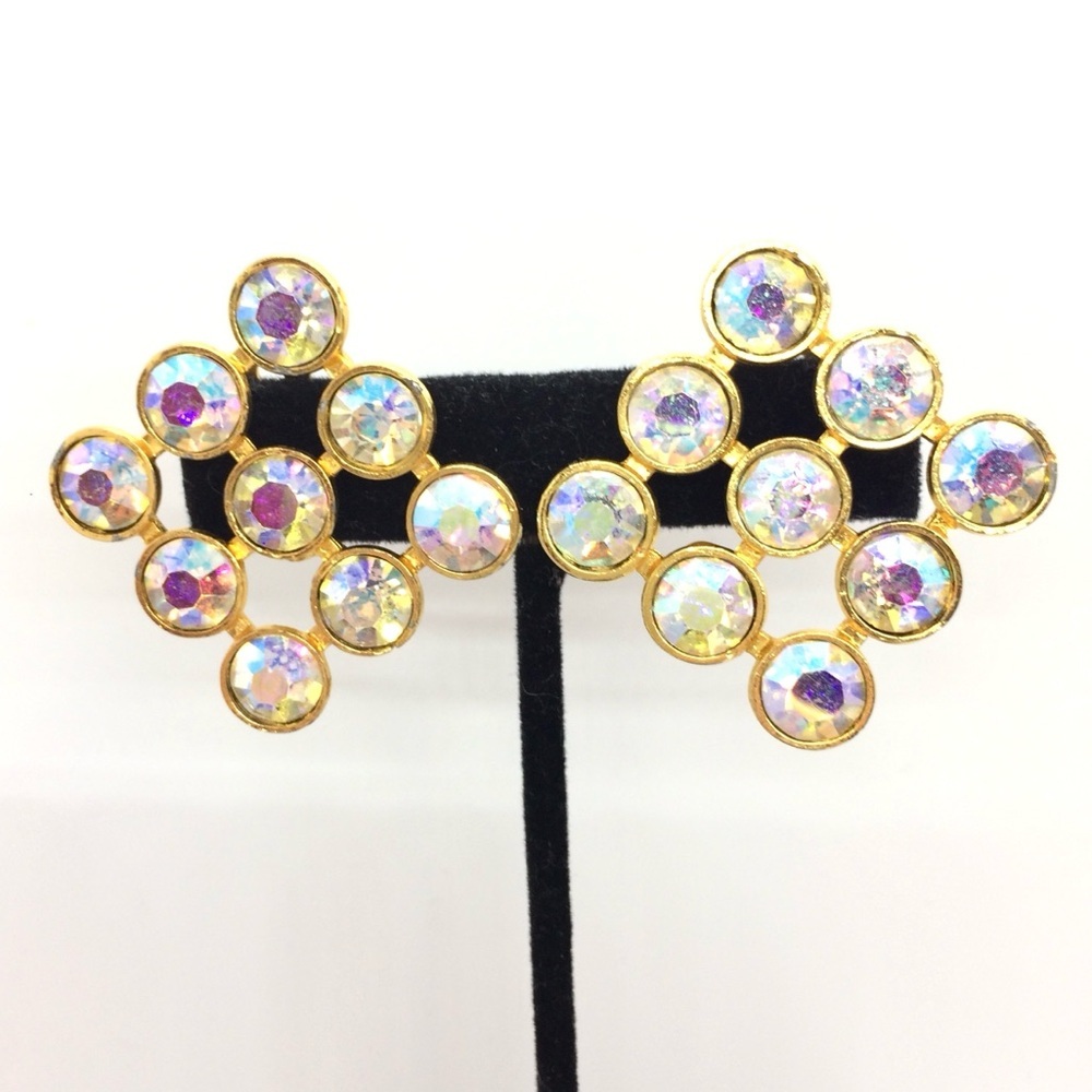 VINTAGE AB RHINESTONE CLIP ON EARRINGS 80S DIAMOND LARGE PARTY AURORA BOREALIS